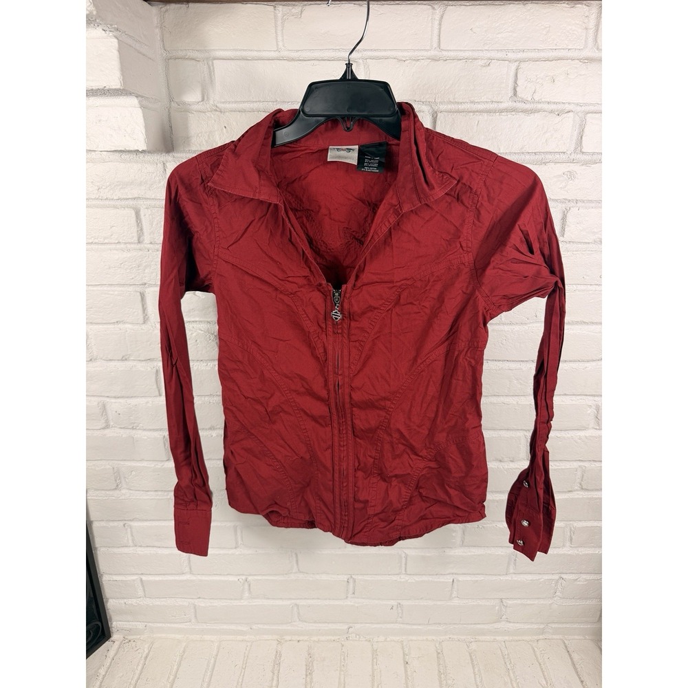 Harley Davidson Womens M Red Rhinestone Zip Front Shirt Biker Moto Y2K Style